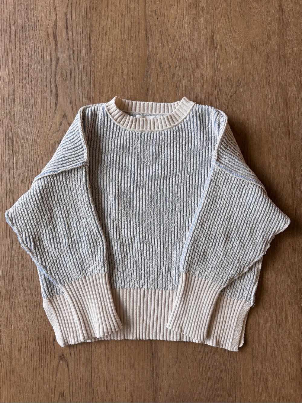 Altar'd State Cream and Light Blue Ribbed Crew Sweater